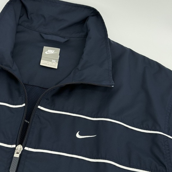 Nike Jacket Men's XL Full Zip Windbreaker Navy Blue White Stripe Track Warm Up - Picture 1 of 8